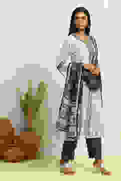 White and Grey Cotton Festive Kalidar Suit Set image number 5