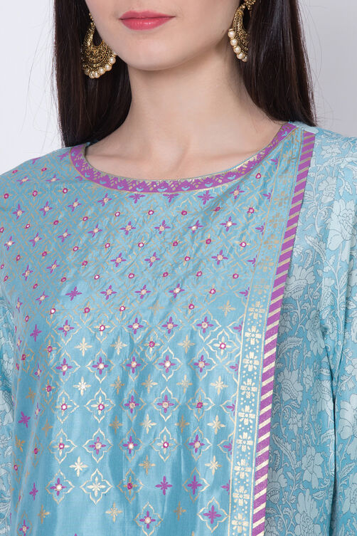 Blue Viscose A-Line Printed Kurta image number 1