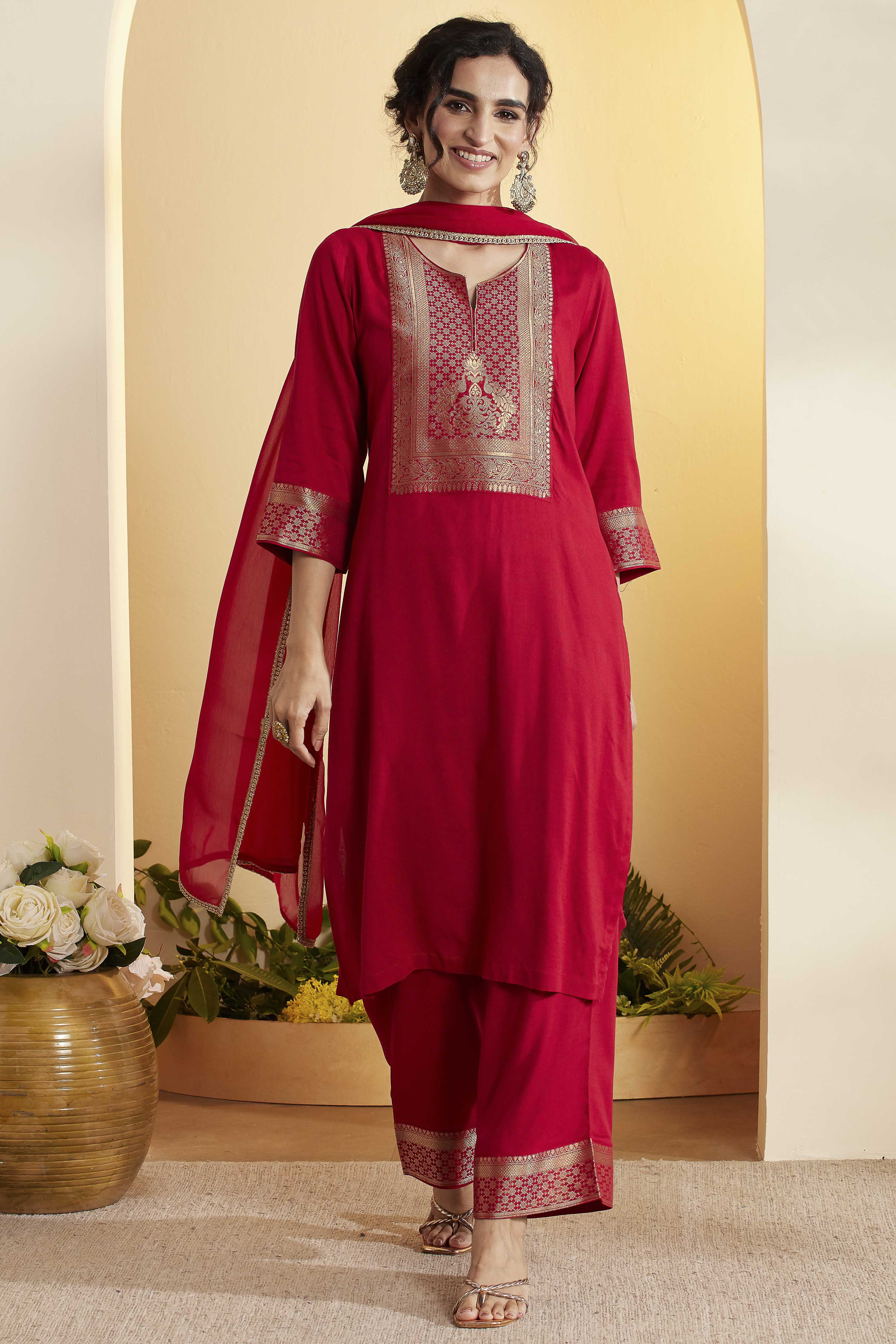 Red Viscose Rayon Yoke Design Straight Kurta Set image number 0