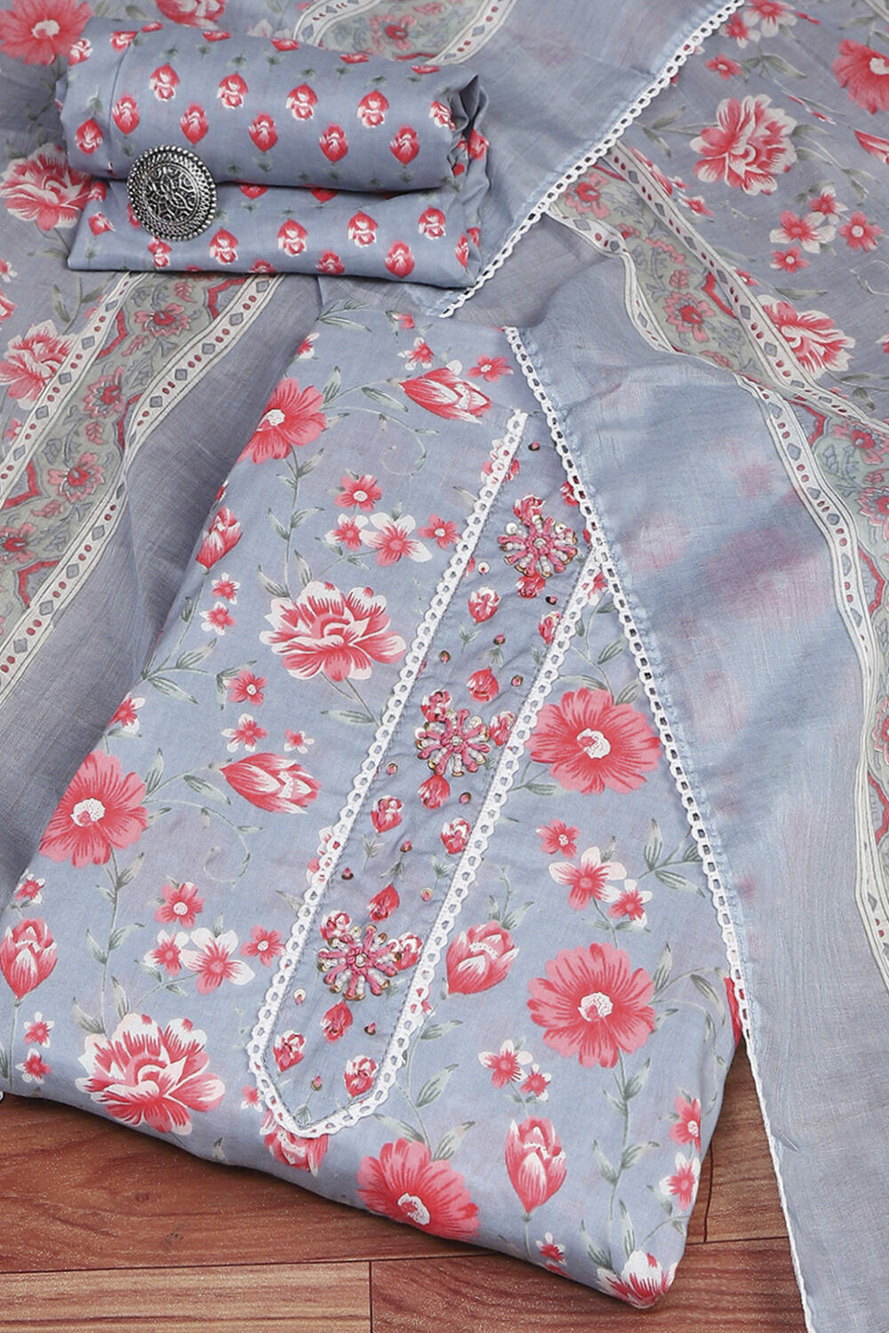 Grey Cotton Printed Unstitched Suit Set image number 0