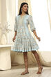 Blue Cotton Floral Printed Tiered Dress image number 2