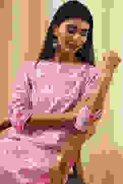 Pink Cotton Printed Straight Kurta image number 1