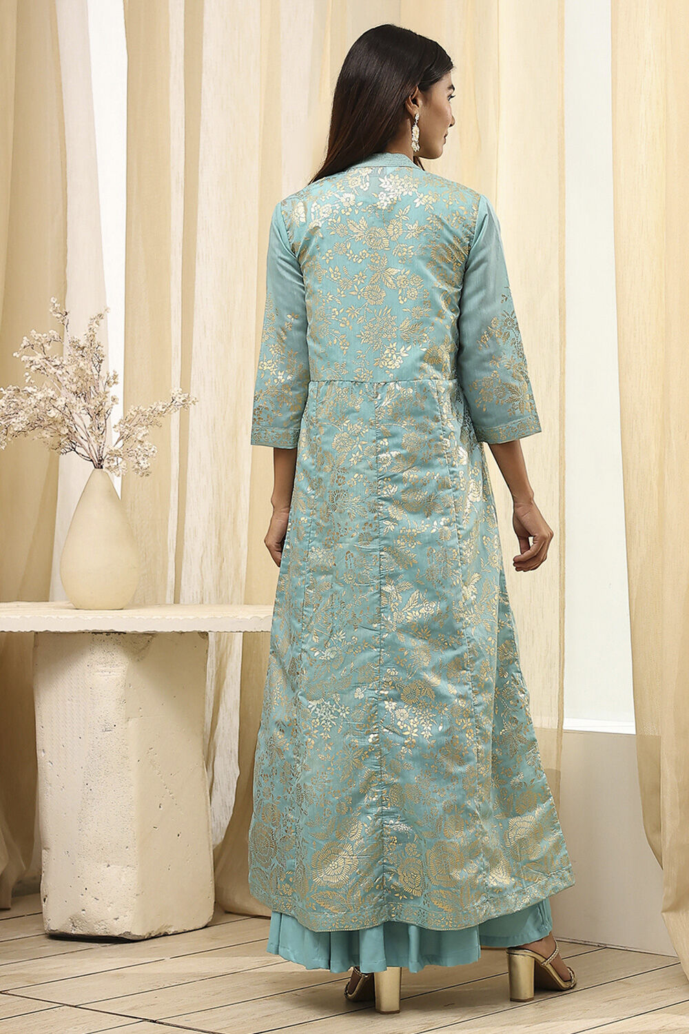 Turquoise Printed Layered Cape Dress image number 5