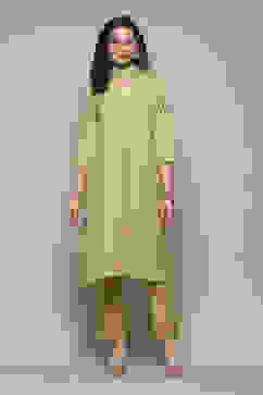Lime Green LIVA Straight Kurta Pant Suit Set image number 0