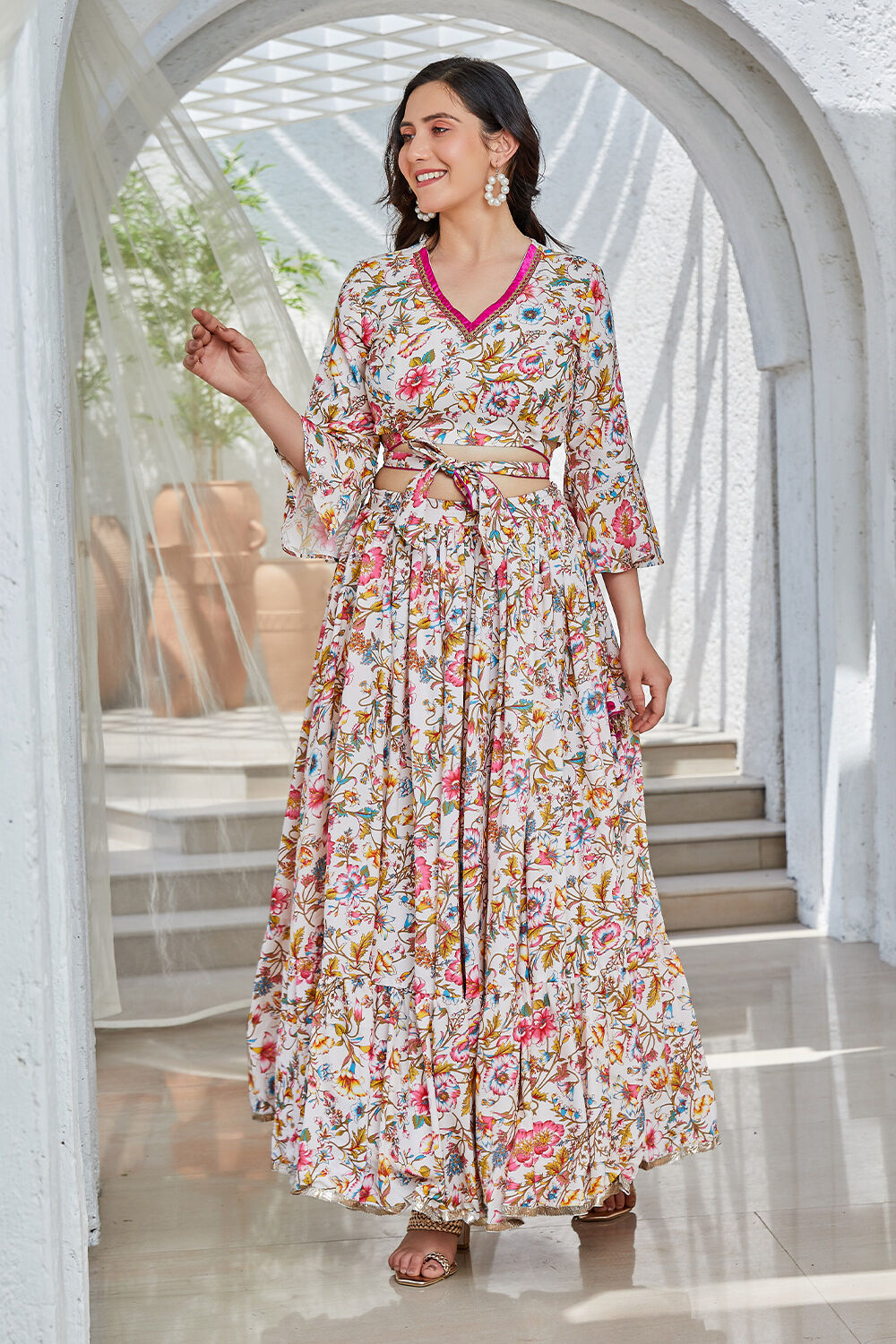 Off-White & Pink Floral Printed Flared Lehenga Set image number 2
