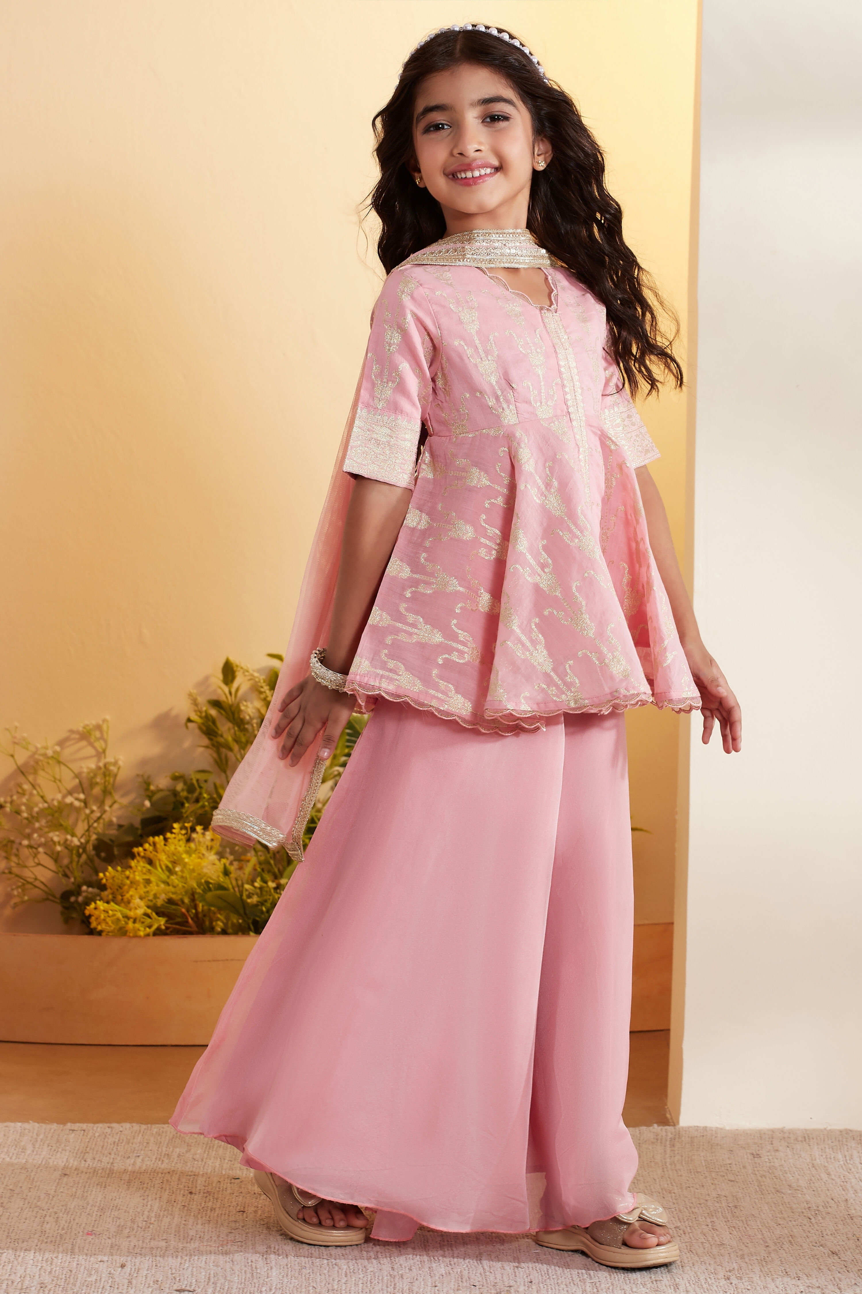Peach Viscose Rayon Printed Front-Open Garara Kurta Set image number 4