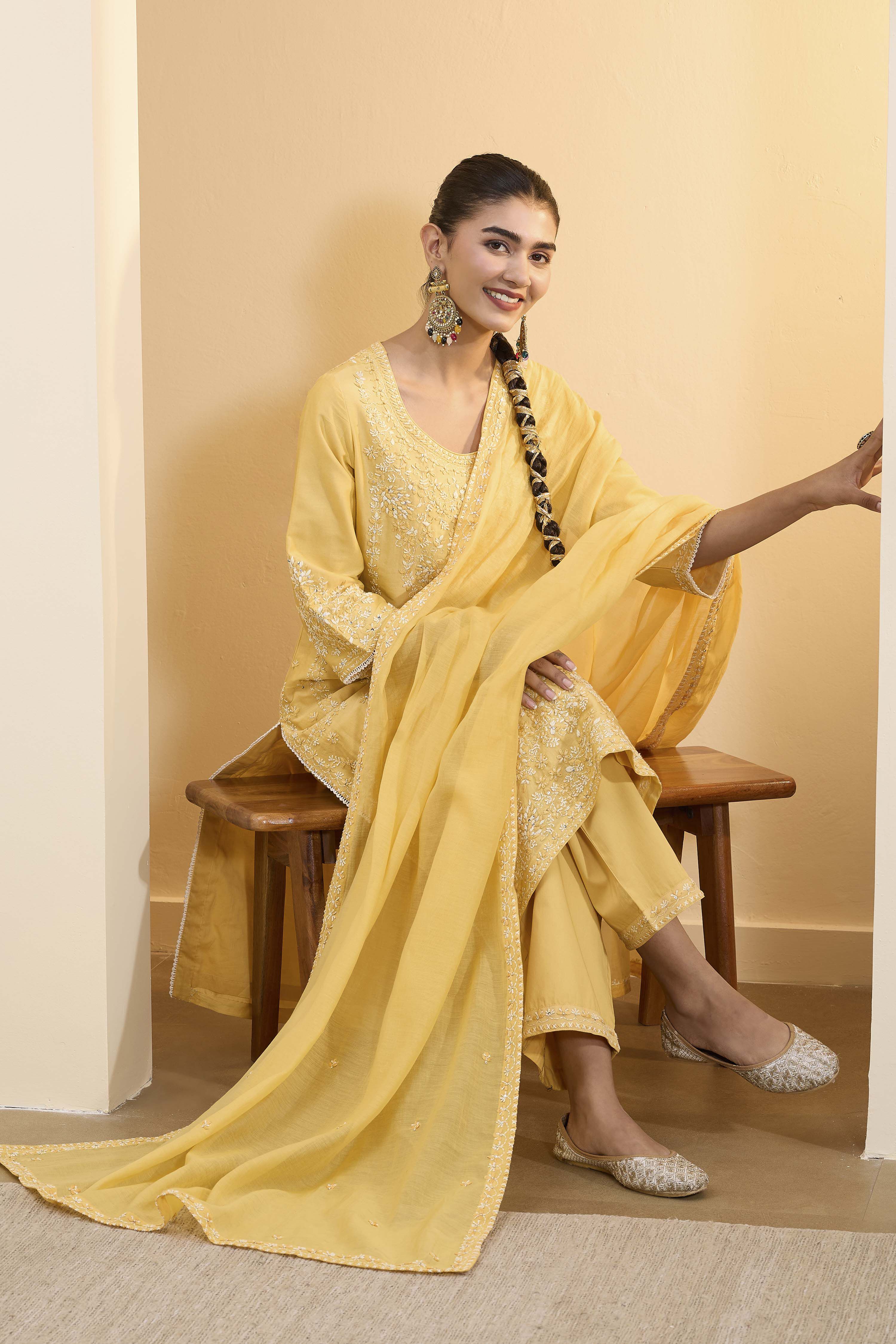 Yellow Silk Chanderi Straight Suit Set image number 0