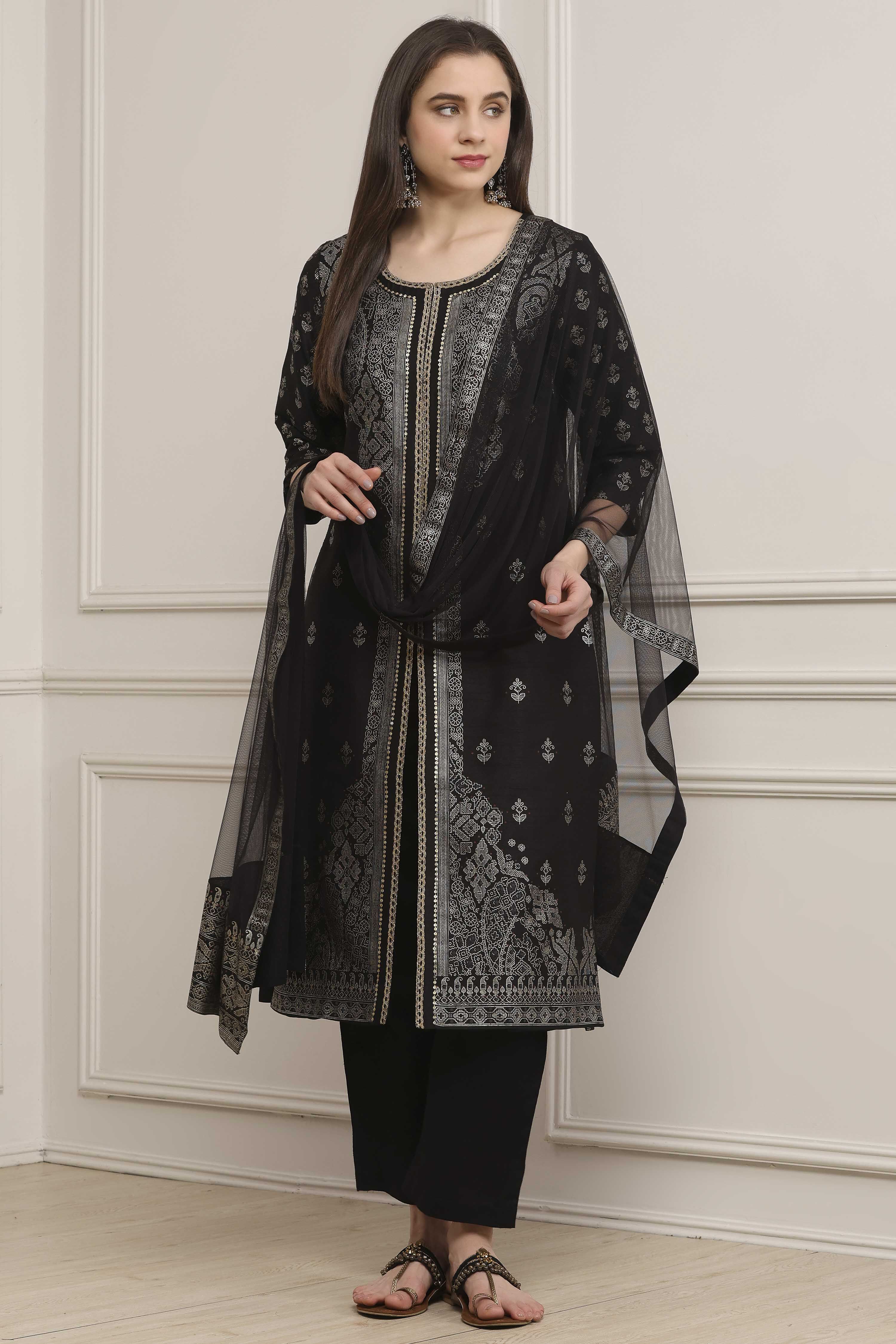Black Polyester Straight Suit Set image number 0