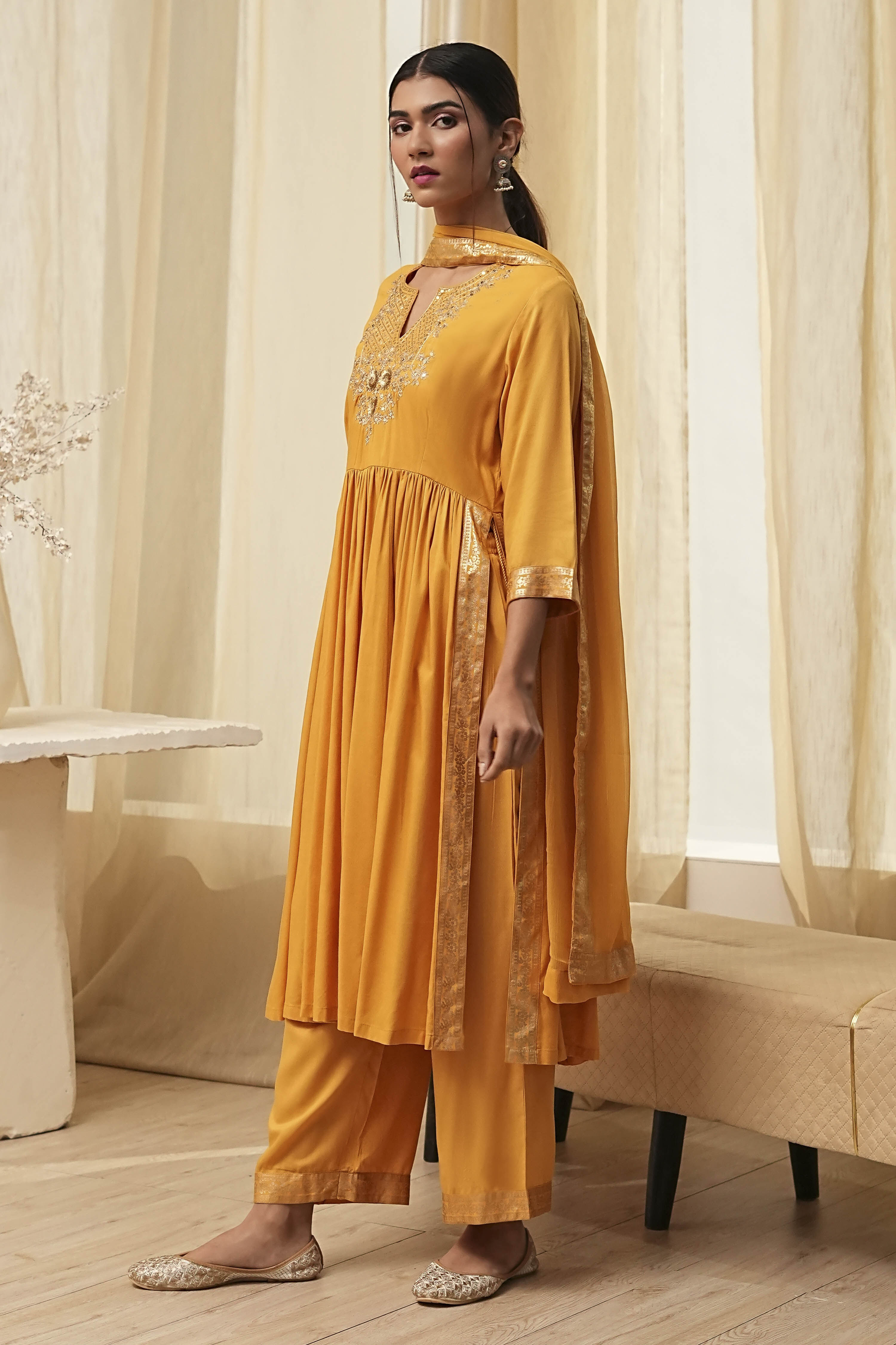 Ochre Yellow Viscose Embellished Gathered Suit Set image number 3