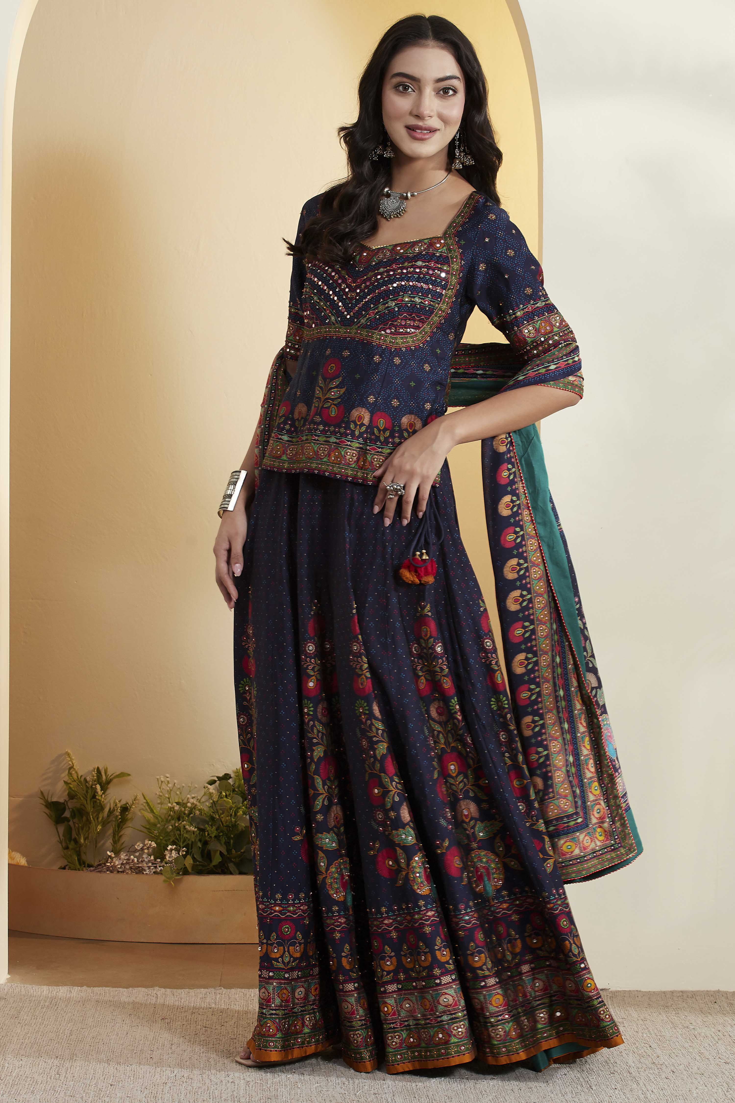 Blue Cotton Silk Straight Lehenga Set image number 4