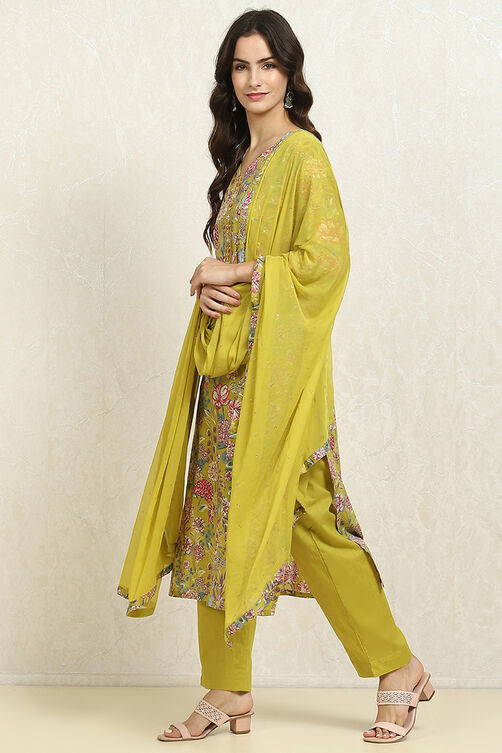 Green Cotton Floral Unstitched Suit Set image number 4
