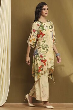 Ecru Modal Floral Printed Asymmetric Kurta Set image number 5