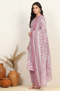 Purple Cotton Screen Printed Unstitched Suit Set image number 4