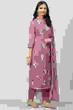 Mauve Straight Kurta Regular Pant Suit Set image number 0