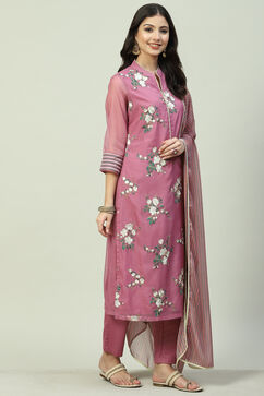 Mauve Straight Kurta Regular Pant Suit Set image number 0