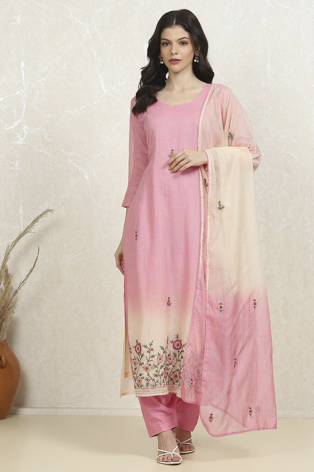 Pink Cotton Hand Embroidered Unstitched Suit Set image number 7
