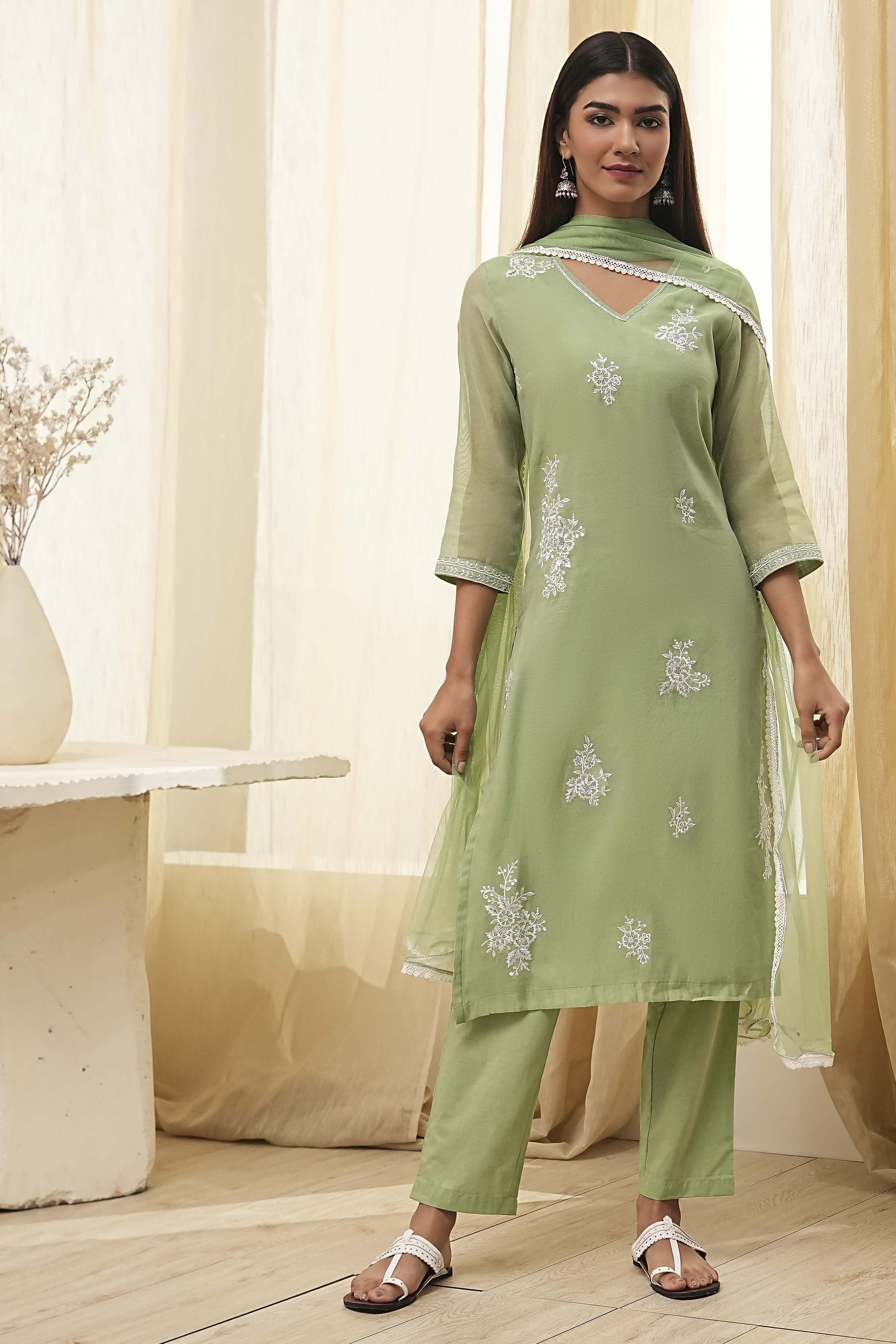 Aqua Embroidered Straight Suit Set image number 5