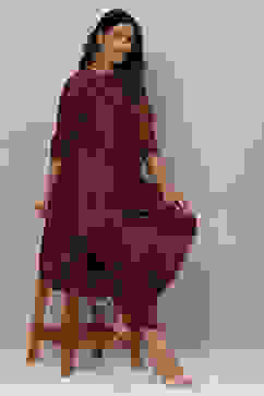 Deep Purple Flared Cotton Silk Fusion Wear 2 Piece Set image number 0