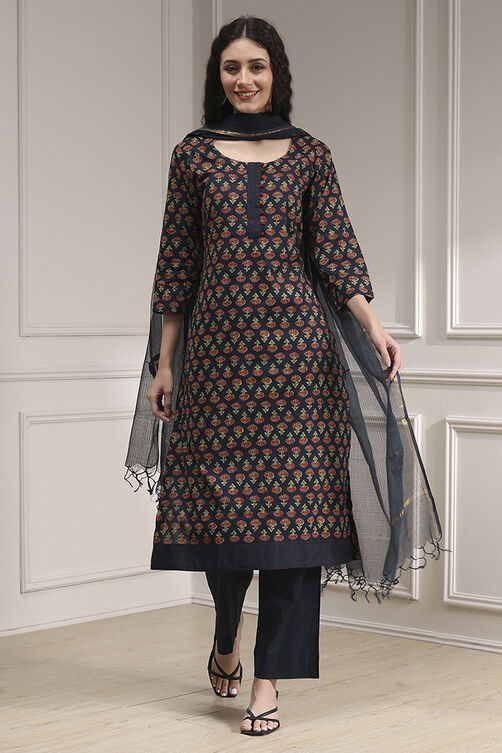 Blue Cotton Screen Print Unstitched Suit Set image number 7