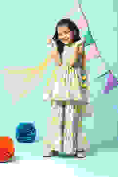 Off White & Yellow Cotton Gathered Kurta Sharara Suit Set image number 7