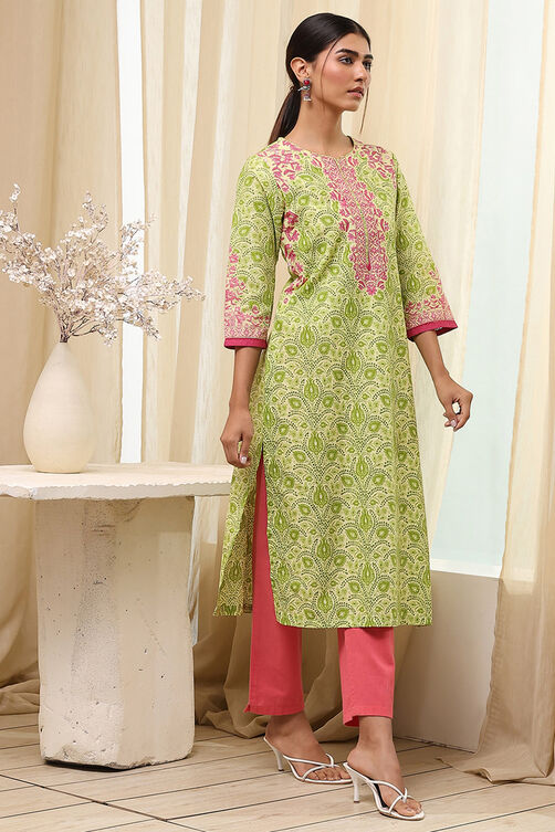 Green Cotton Printed Straight Kurta image number 4