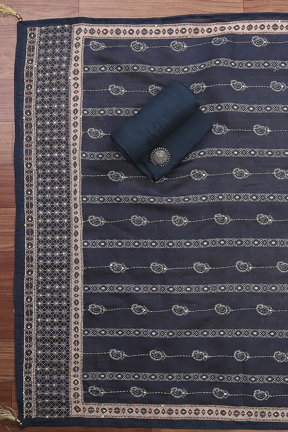 Navy Blue Chanderi Hand Embroidered Unstitched Suit Set image number 3