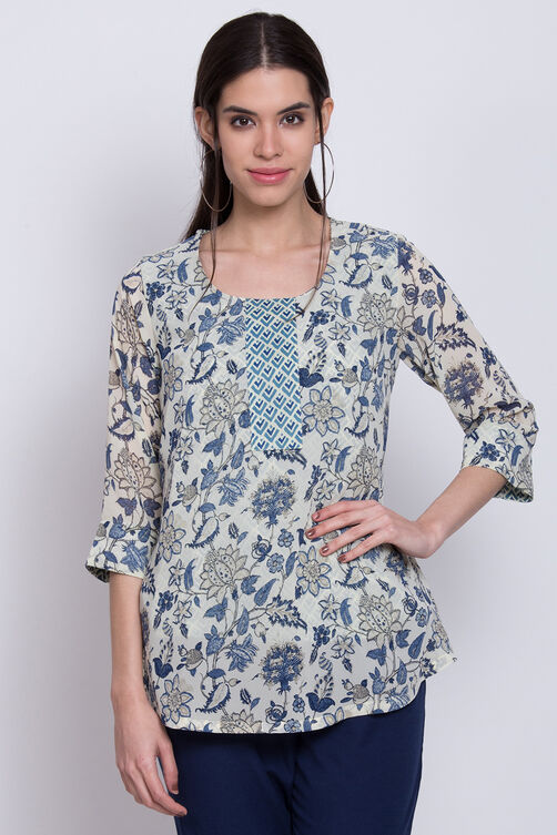 Cream Art Silk Straight Printed Kurti image number 0