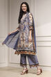 Navy Blue and Beige Cotton Straight Suit Set image number 3
