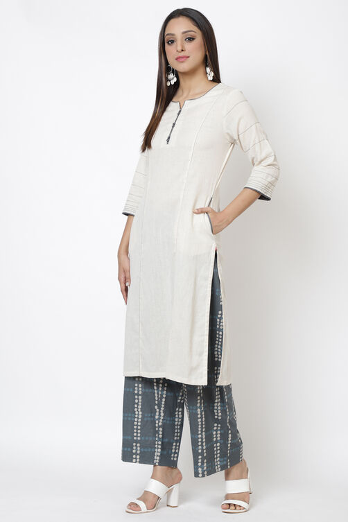 Off White Cotton Flax Straight Kurta Palazzo Suit Set image number 3