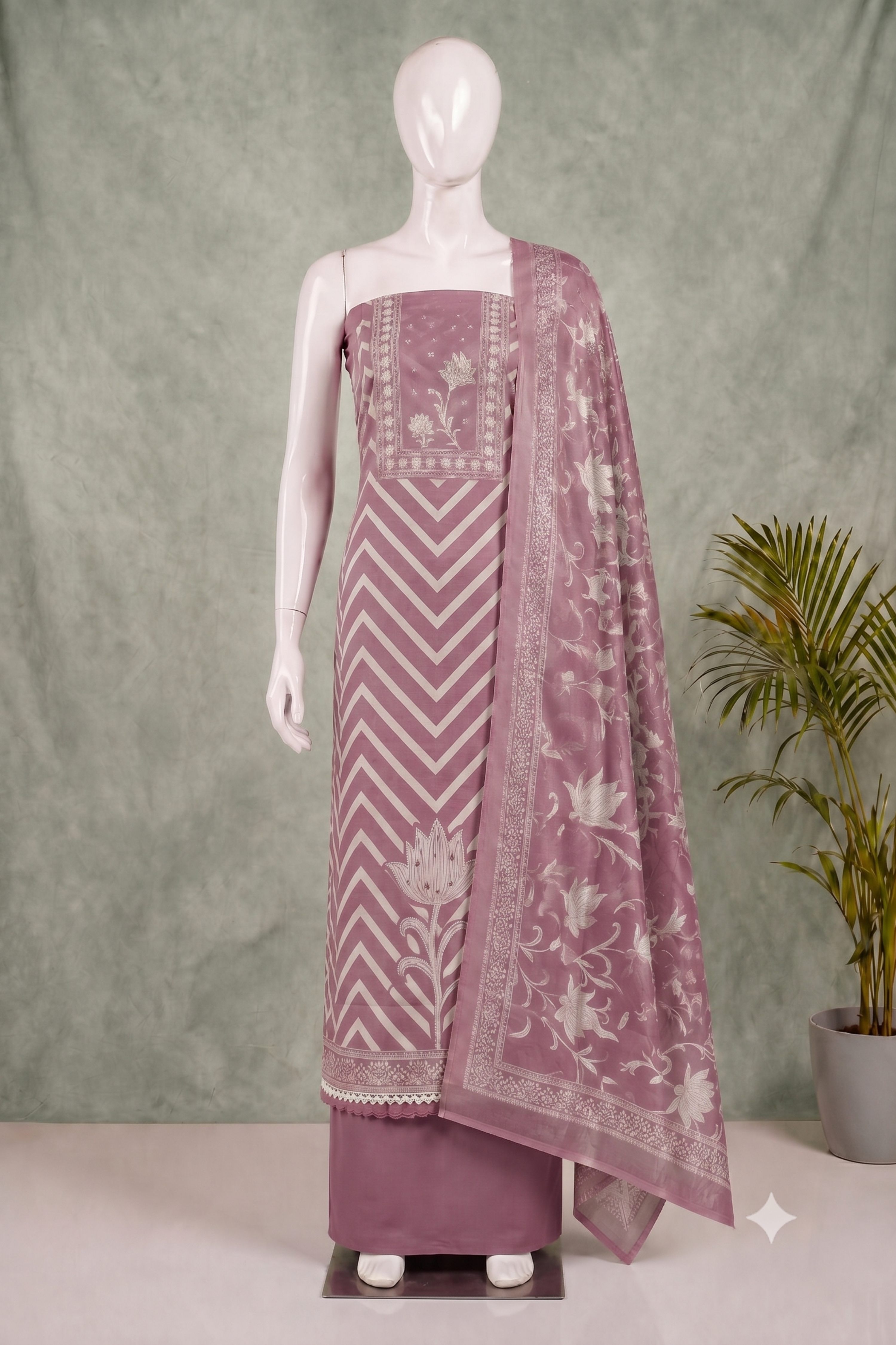 Peach Linen Modern Print Unstitched Suit Set image number 4