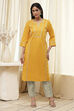 Ochre Yellow Cotton Solid Straight Kurta image number 5
