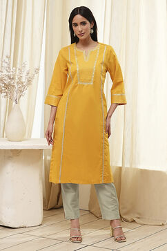 Ochre Yellow Cotton Solid Straight Kurta image number 5