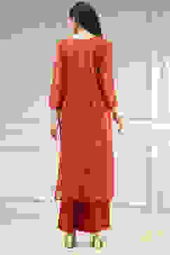 Red Chanderi Machine Embroidered Unstitched Suit Set image number 5