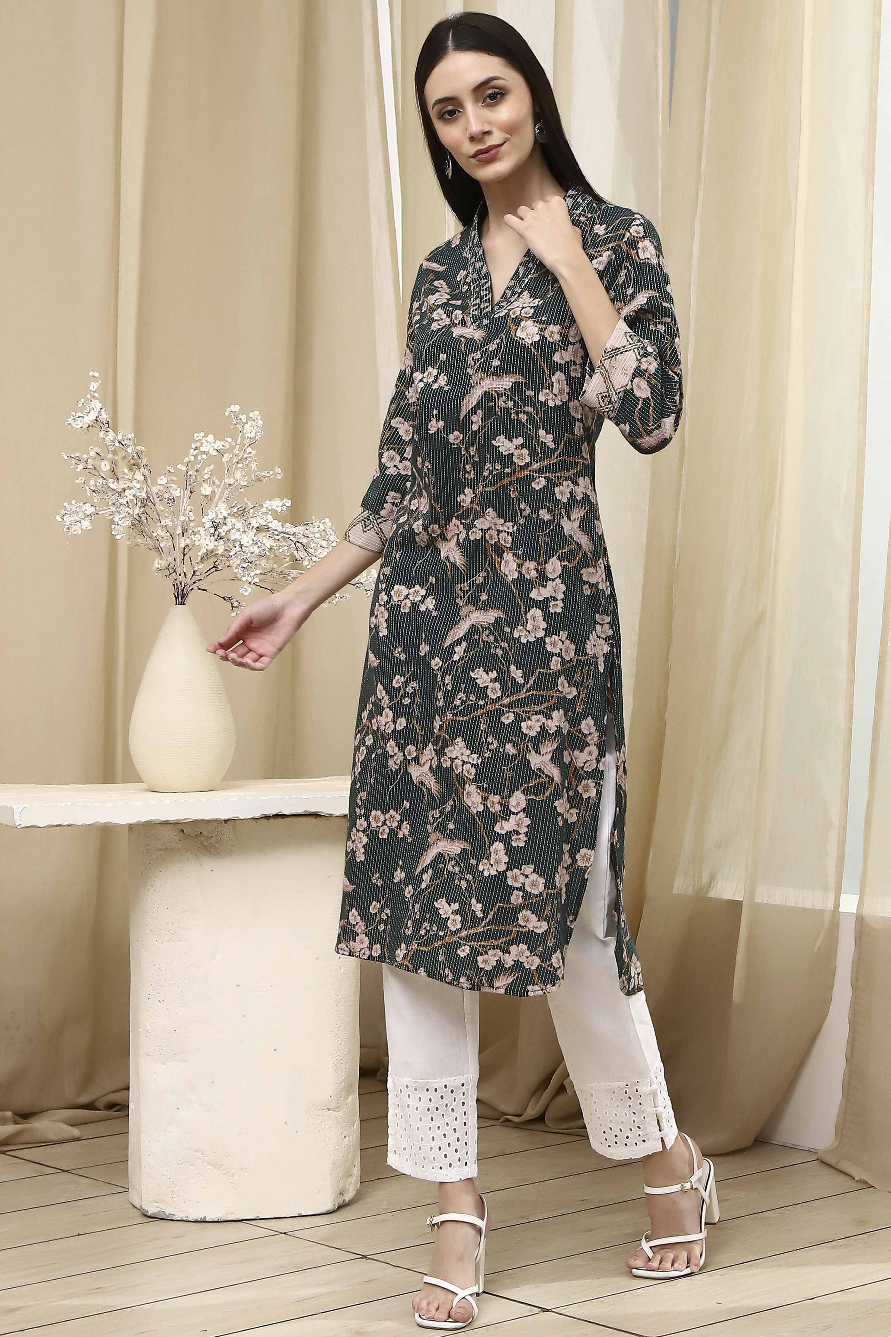 Dark Green Cotton Printed Straight Kurta image number 2