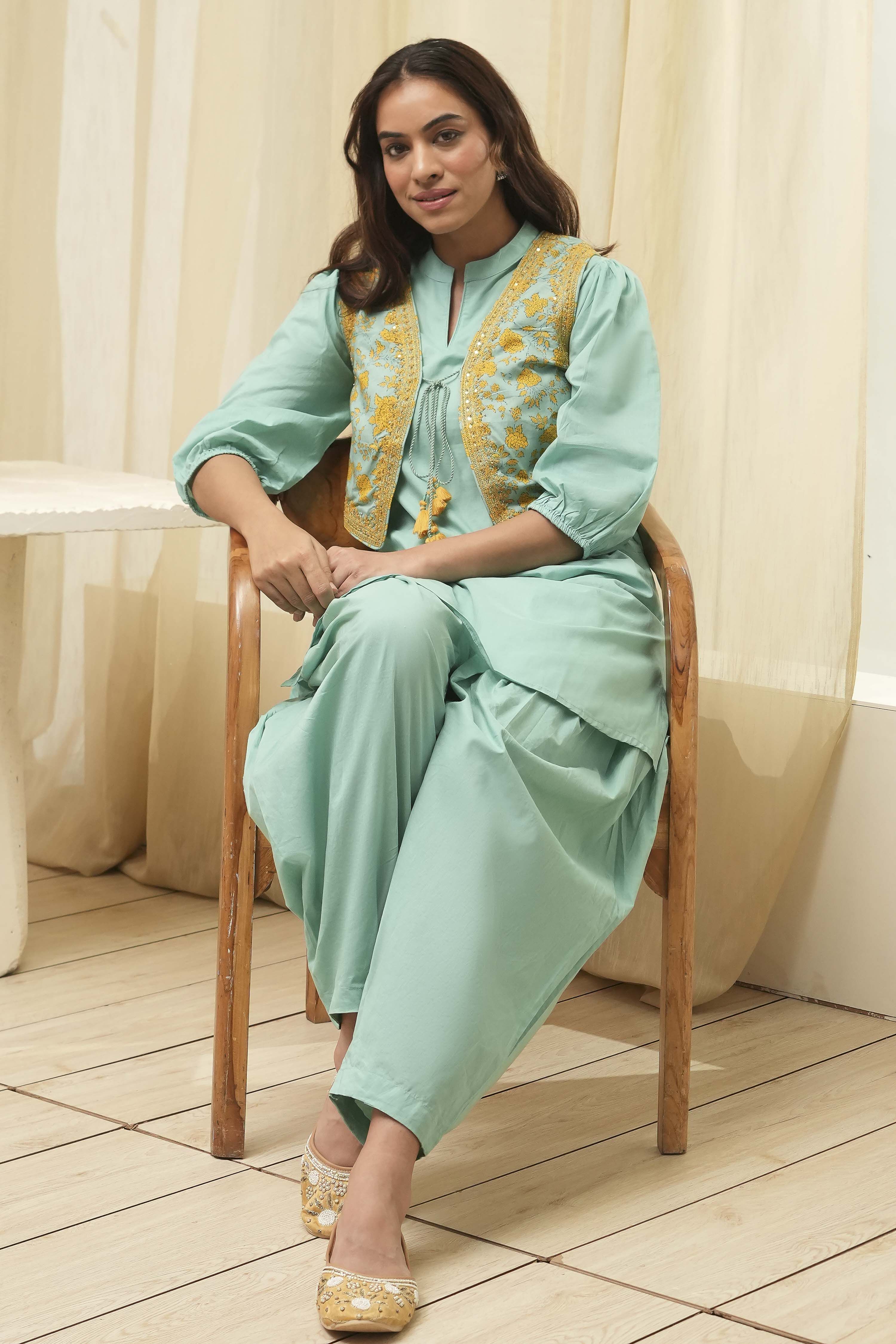 Sage Green Cotton Pathani Straight Kurta Set image number 0
