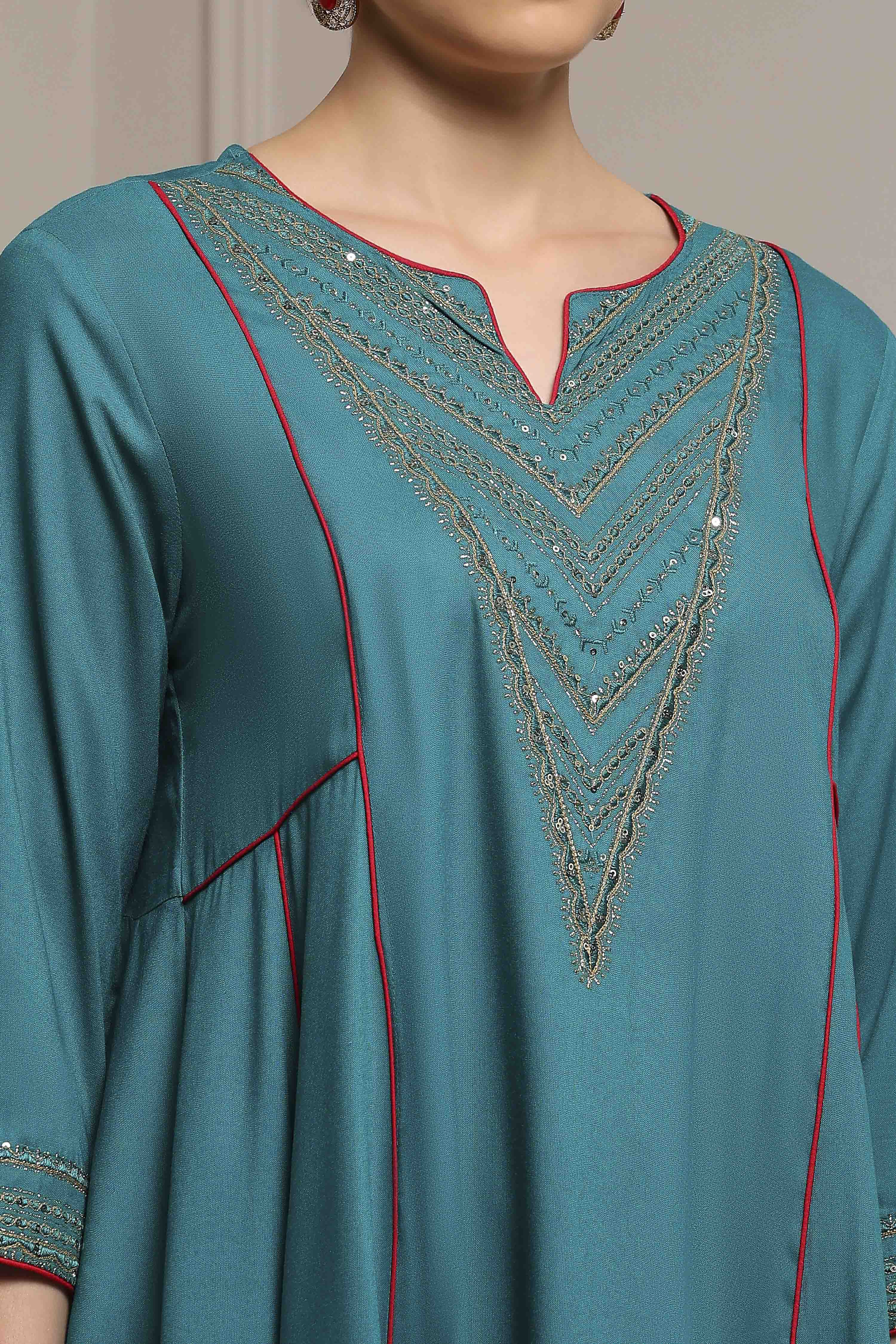 Teal Green Solid Kalidar Suit Set image number 1