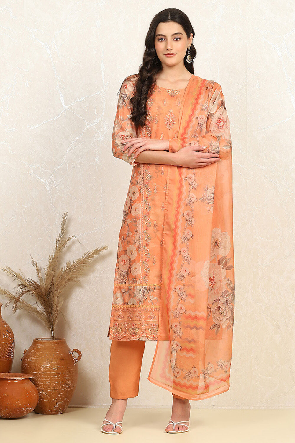 Orange Muslin Unstitched Suit Set image number 7