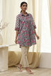 Blue and Pink Cotton Floral Shirt-Style Short Kurta image number 4