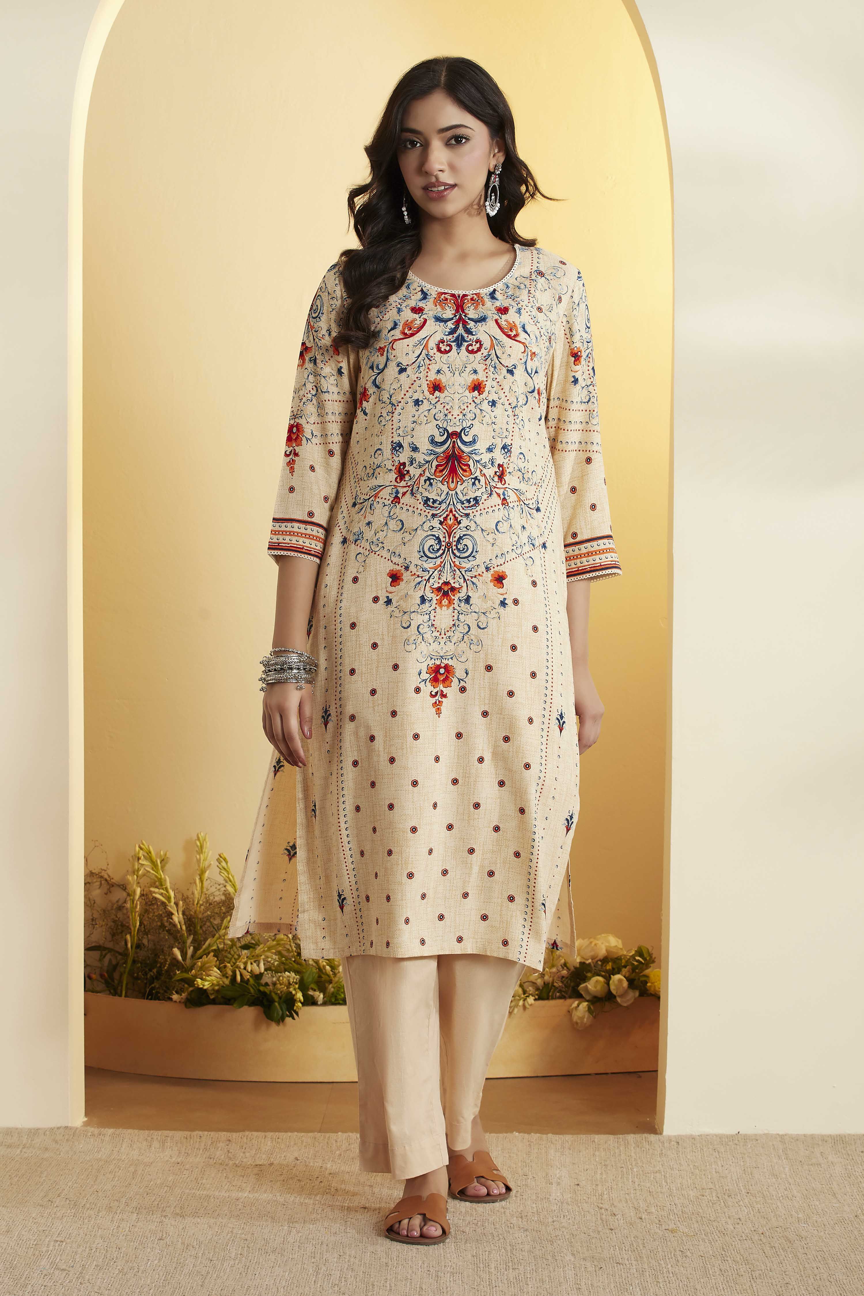 biba Beige Viscose Rayon Straight KurtaBeige Viscose Rayon Straight Kurta-picture-328