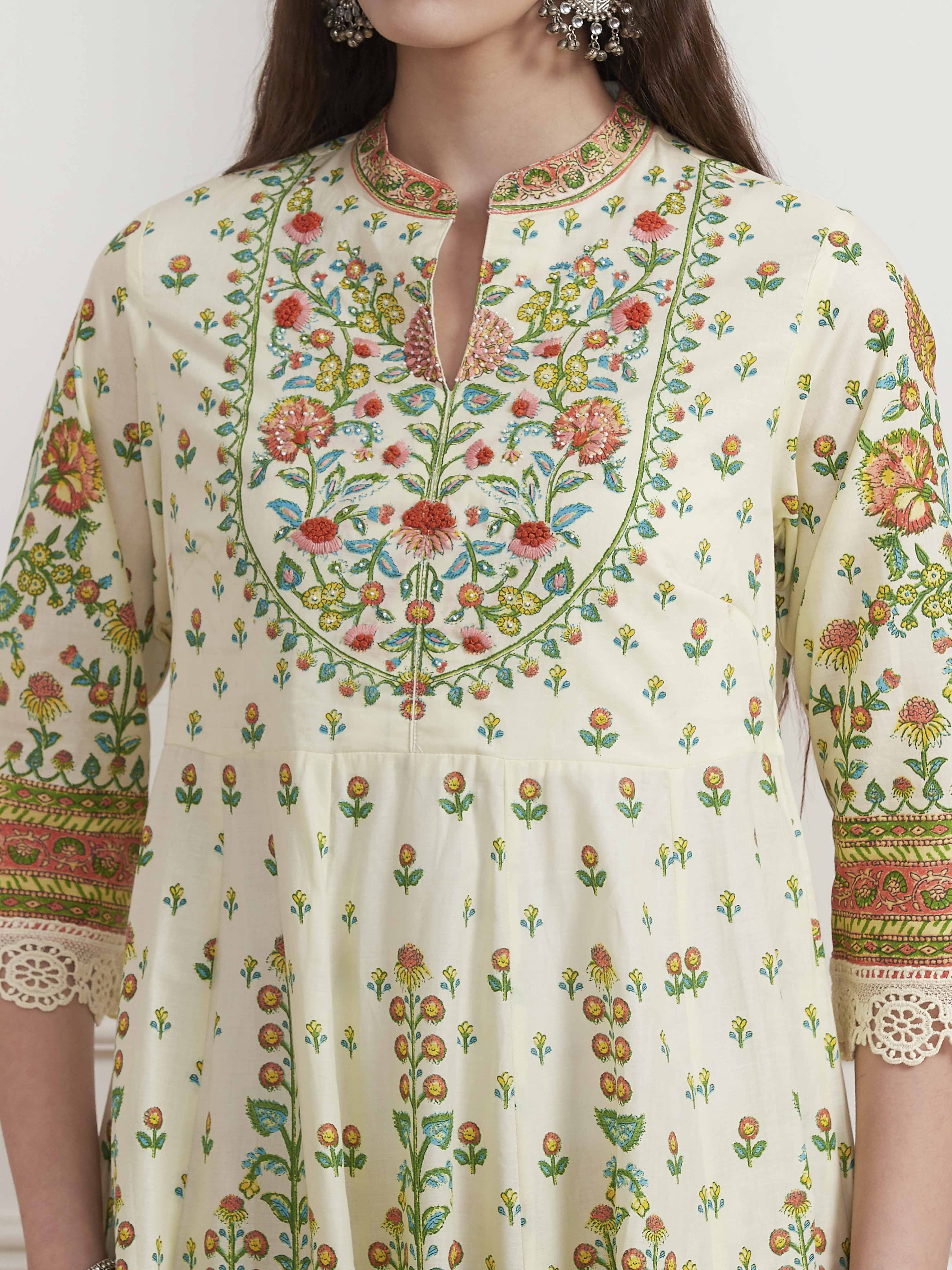Cream-Toned Cotton Printed Kalidar Suit Set image number 1
