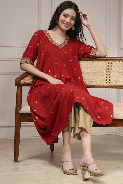 Red Printed Asymmetric A-Line Kurta image number 0