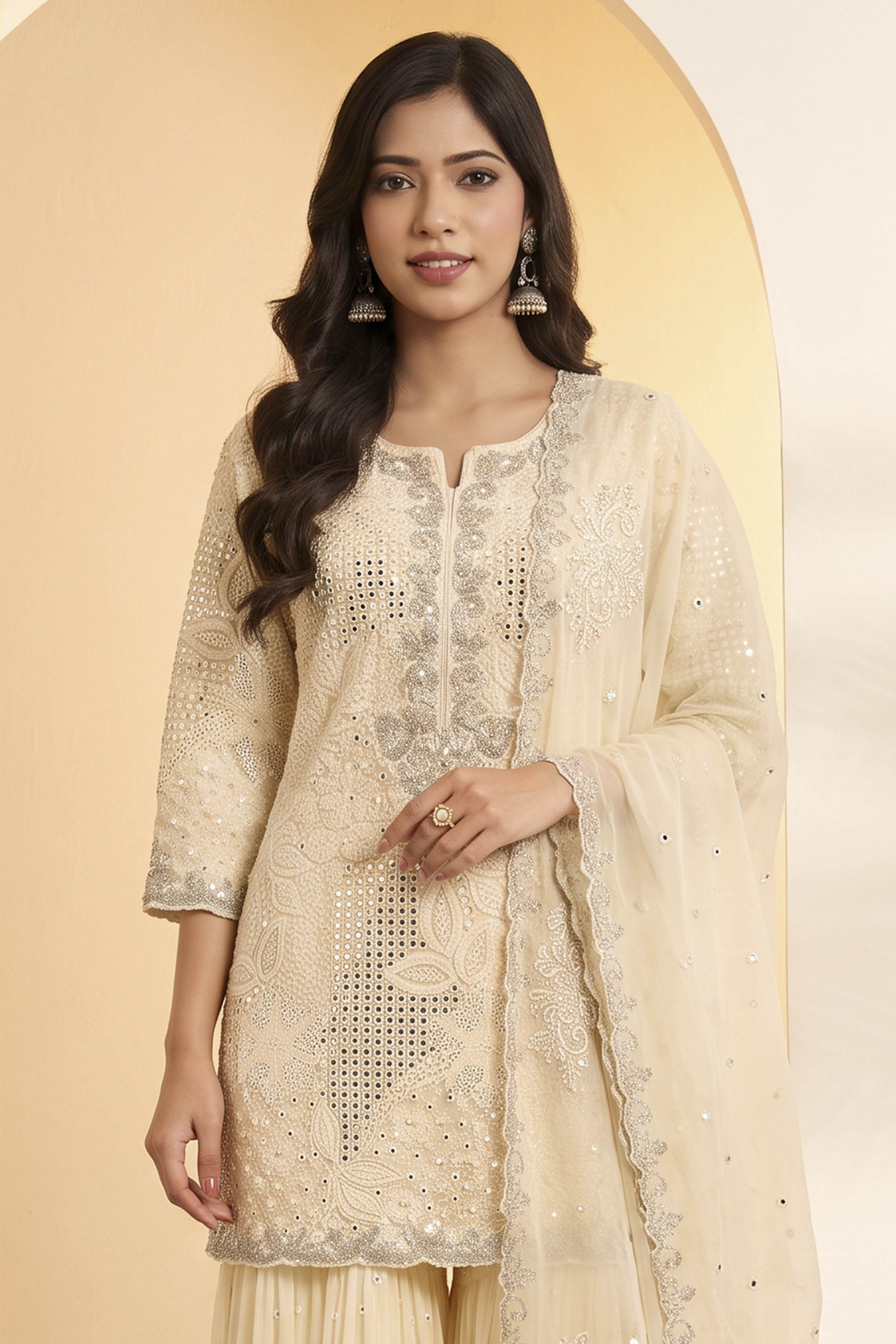 Powder Blue Butterfly Net Embroidered Sharara Suit Set image number 1