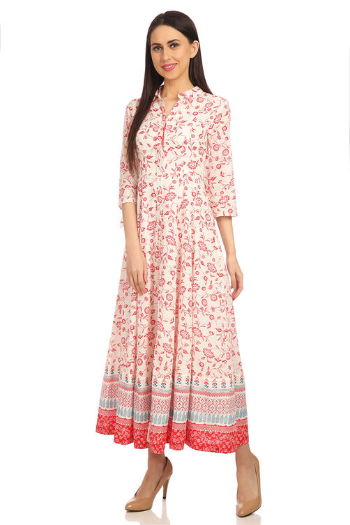 White And Red Flared Cotton Printed Kurta Dress image number 3