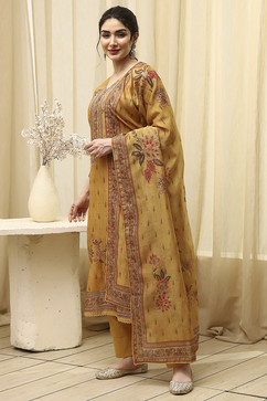 Yellow Chanderi Printed Embroidered Unstitched Suit Set image number 4