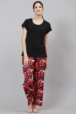 Black Straight Poly Span Three Piece Printed Sleepwear Set image number 3