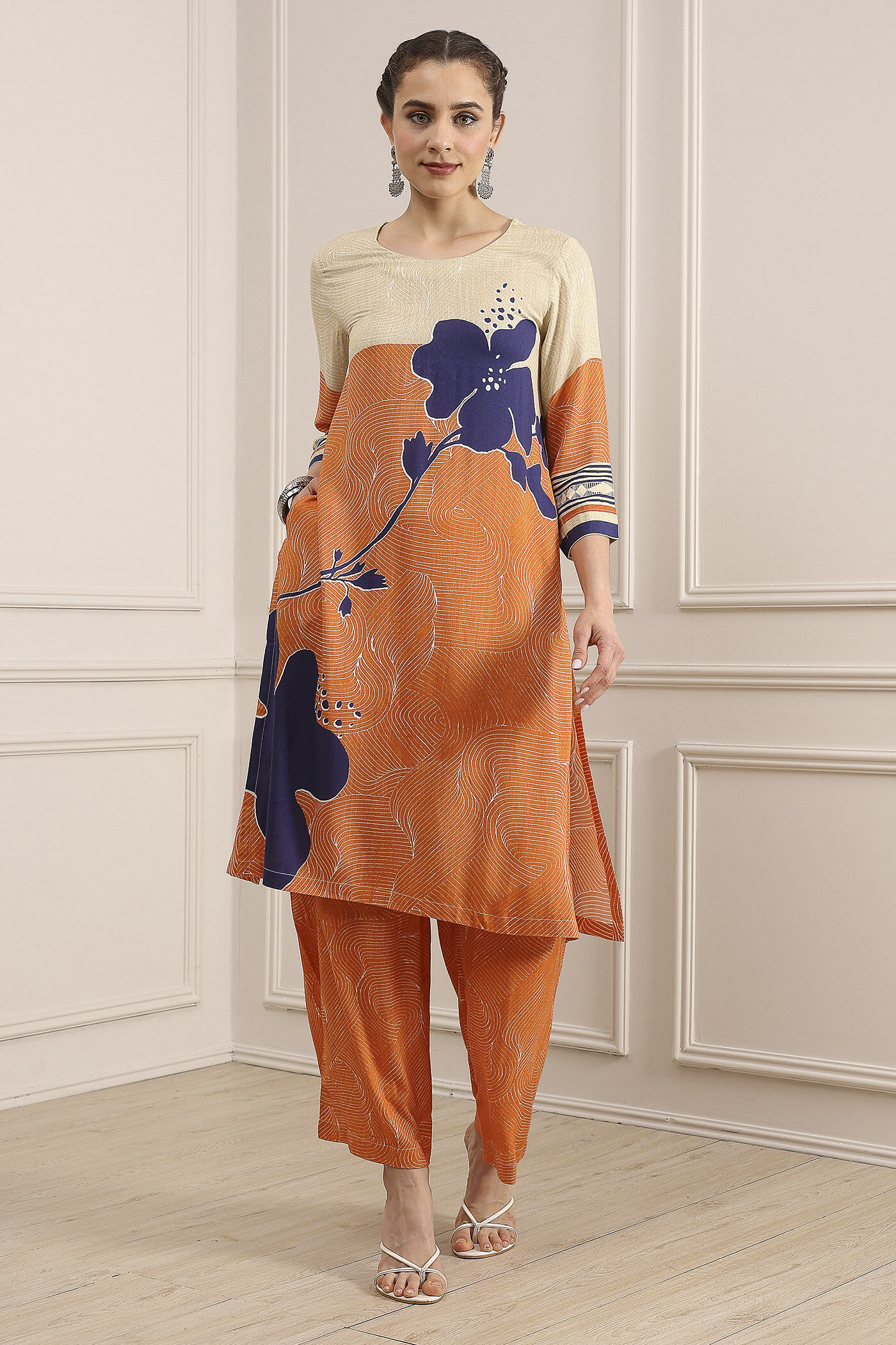 Orange Viscose Rayon Straight Printed Fusion Set image number 6