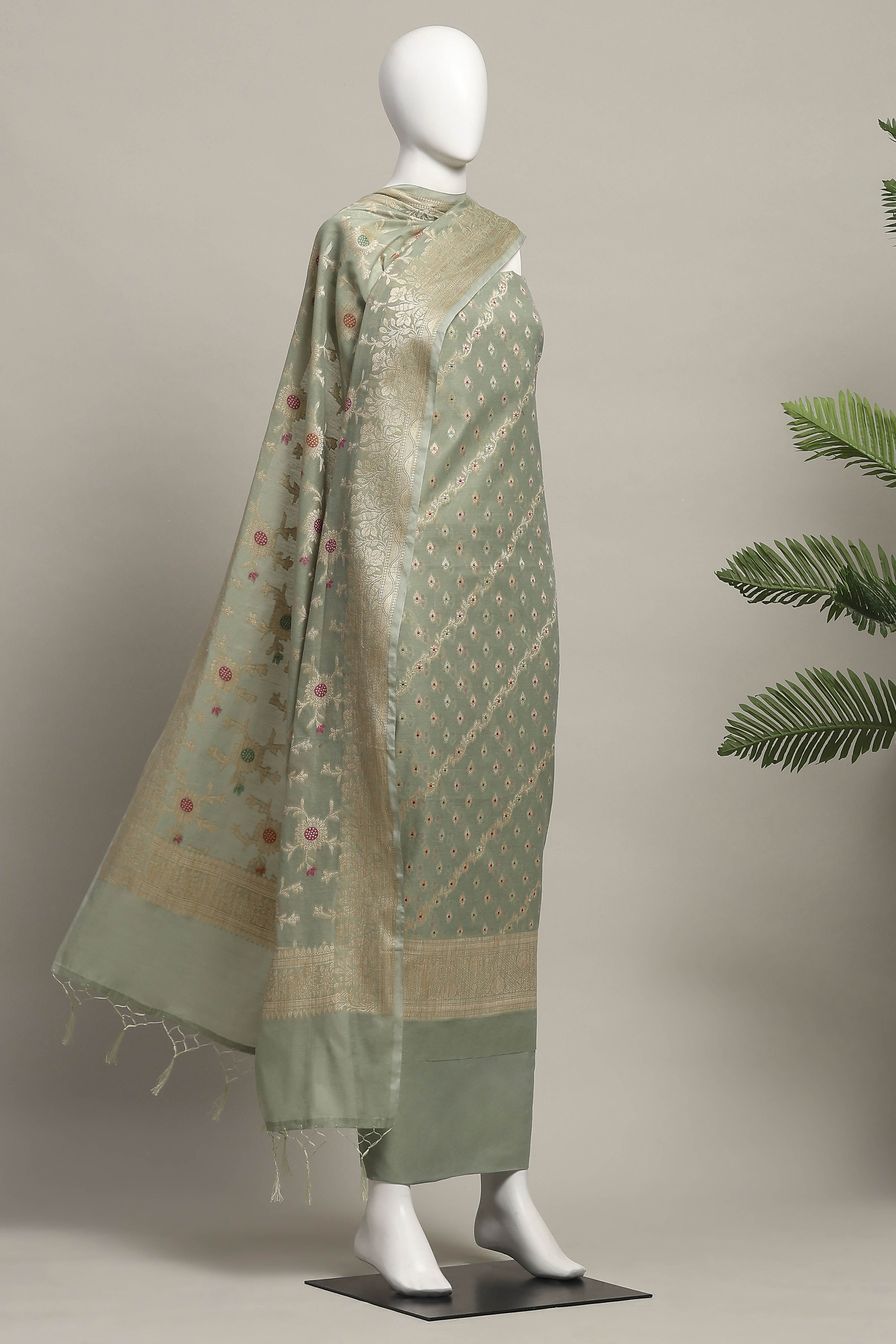 Light Green Cotton Printed Embroidered Unstitched Suit Set image number 4