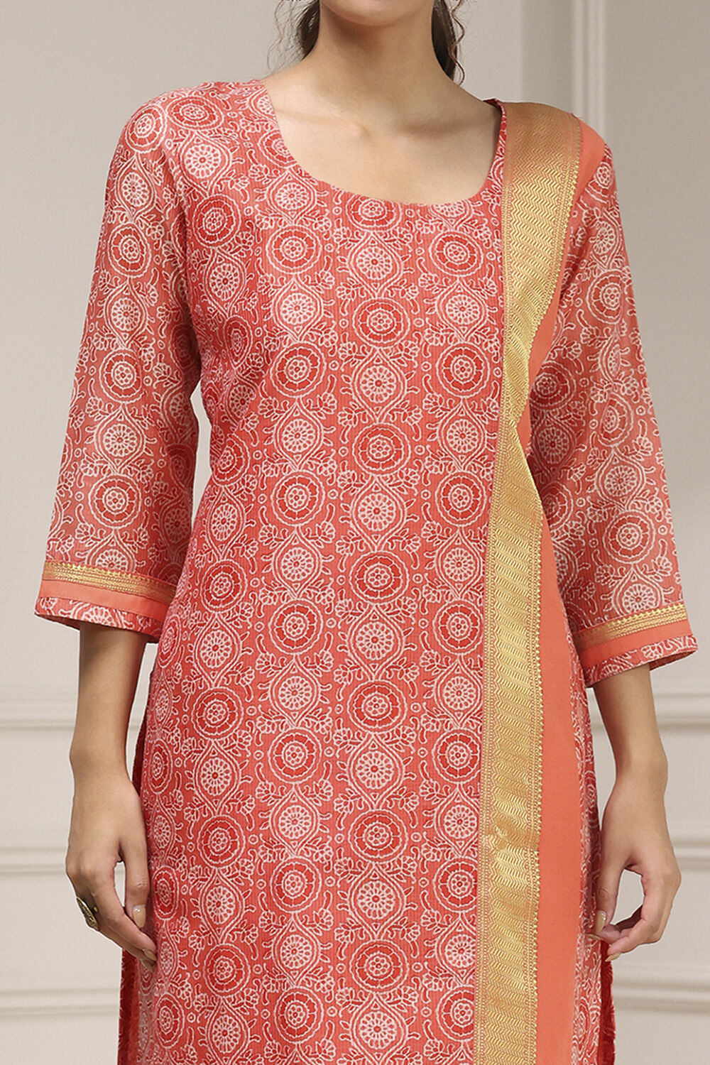 Orange Cotton Digital Print Unstitched Suit Set image number 2
