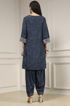 Teal Blue Blended Straight Printed Suit Set image number 4