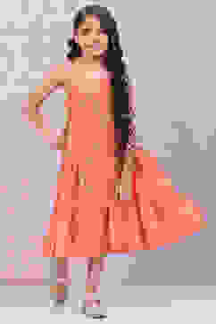 Orange Art Silk Tiered Printed Kurta image number 0